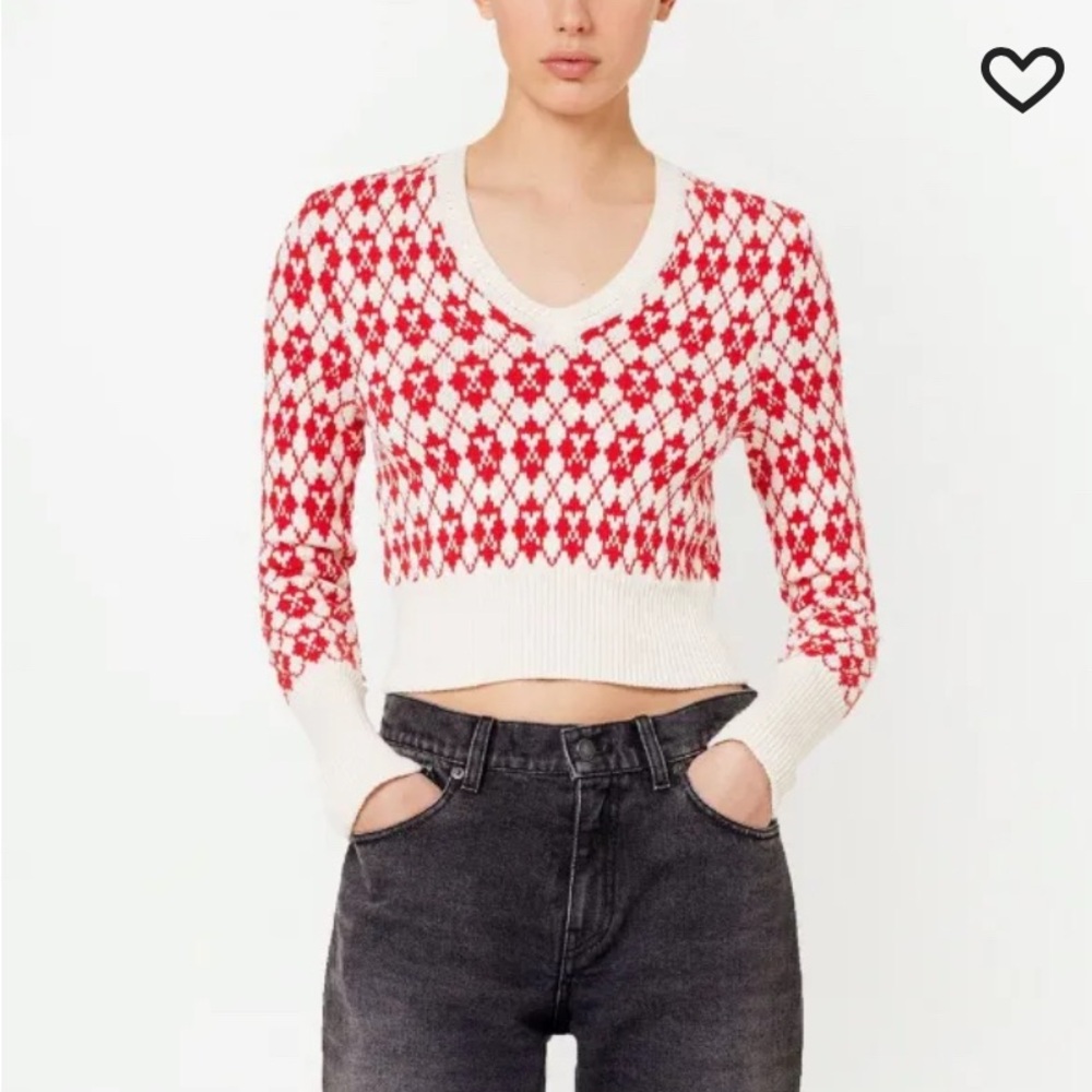 Ami V-Neck Sweater in Red and Cream Argyle